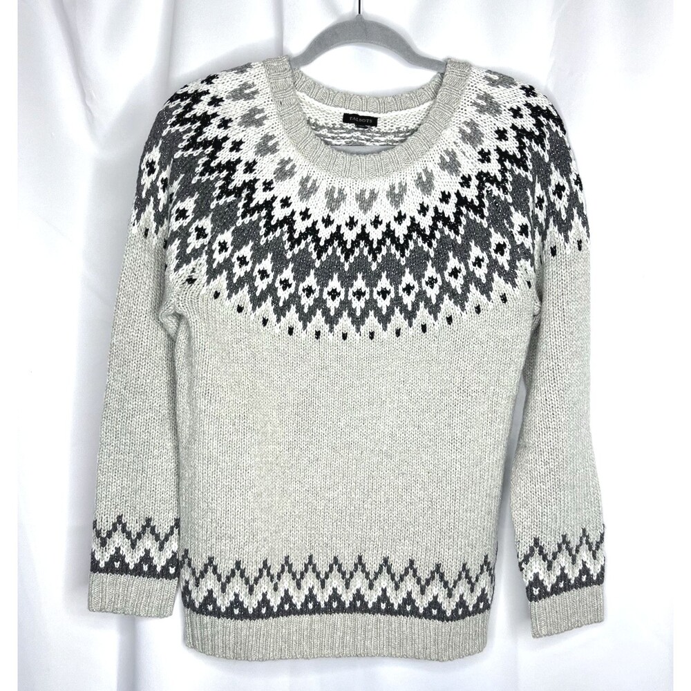 Talbots Fair Isle 20% Wool Sweater Silver Metallic Yarn Accent Nordic Small Gray